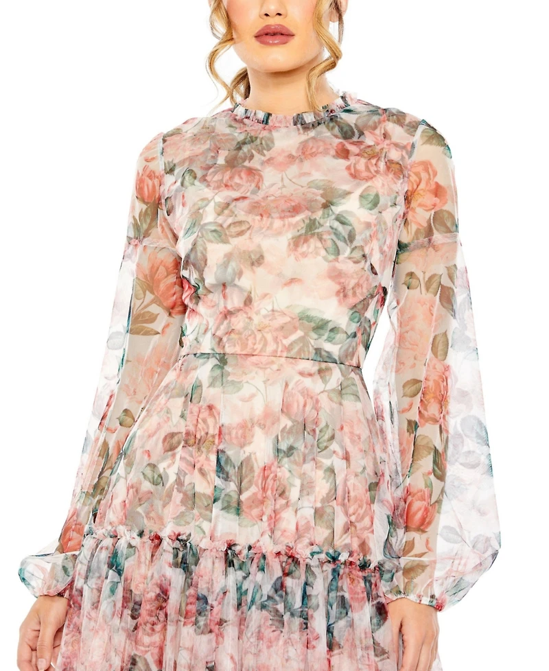 Mac Duggal Women's Long Sleeve High Neck Balloon Midi Dress