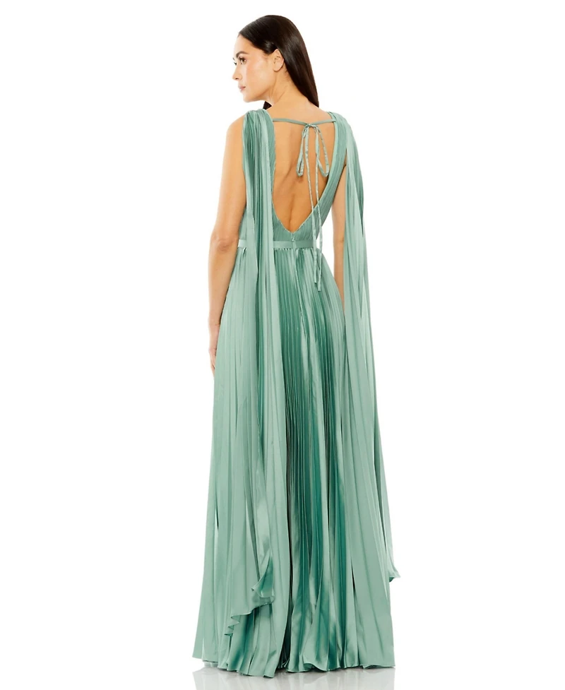 Mac Duggal Women's Sleeveless High Neck Cape Back Heat Pleated Gown