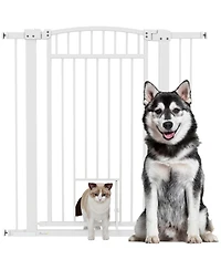 PawHut 30"-41" Dog Gate w/ Cat Door, 3-Inch & 5.5-Inch Extension Kit, 42" H