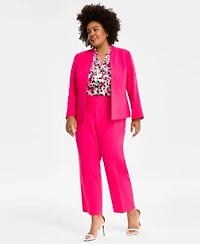 Kasper Plus Size Open Front Blazer Printed Blouse Stretch Crepe Straight Fit Suit Pants