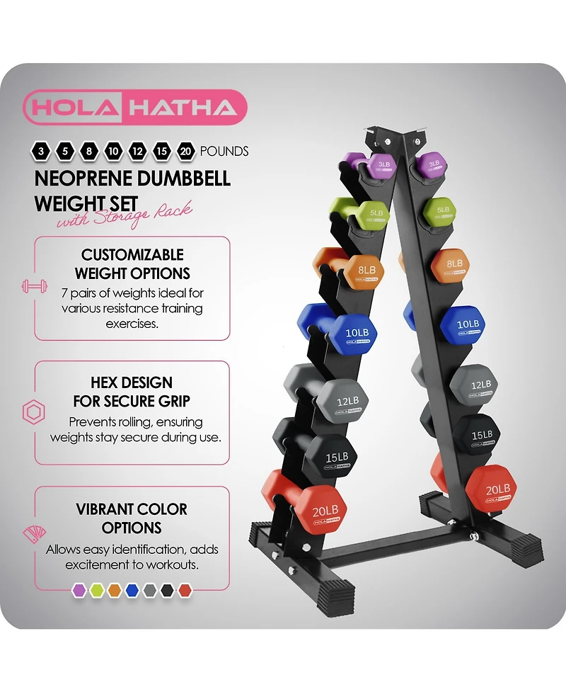 HolaHatha 146 Pound Neoprene Dumbbell Full Body Weight Set with Storage Rack