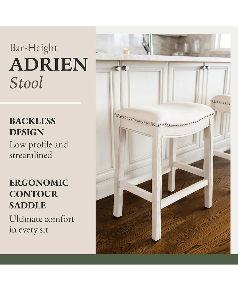 Maven Lane Adrien Saddle Bar Stool in White Oak Finish w/ Natural Fabric Upholstery, Set of 2