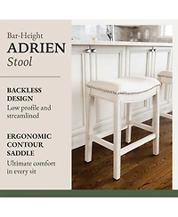 Maven Lane Adrien Saddle Bar Stool in White Oak Finish w/ Natural Fabric Upholstery, Set of 2