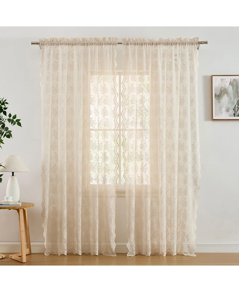 Hlc.me Jolene Floral Soft Decorative Lace Semi Sheer Light Filtering Rod Pocket Window Treatment Curtain Drapery Panels for Bedroom & Living Room