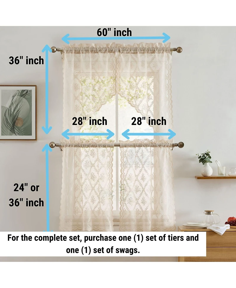 Hlc.me Isabella Floral Rod Pocket Lace Semi Sheer Voile Short Cafe Tiers for Small Windows - 28 x 36 Inch Length (Taupe Tiers, Set of 2)
