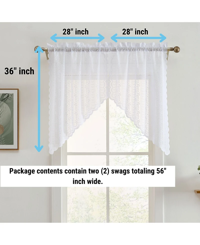 Hlc.me Sophia Floral Rod Pocket Lace Short Cafe Swags for Small Windows - 28 x 36 Inch Length (White Swags, Set of 2)
