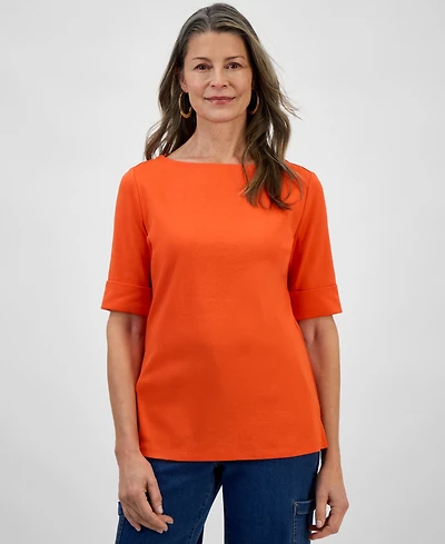 Style & Co Women's Boat-Neck Elbow Sleeve Cotton Top, Exclusively at Macy's