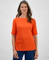 Style & Co Women's Boat-Neck Elbow Sleeve Cotton Top, Exclusively at Macy's