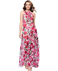 Betsy & Adam Petite Floral-Print Ruffled Gown