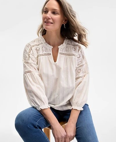 Style & Co Women's Cotton Embroidered 3/4-Sleeve Top, Exclusively at Macy's