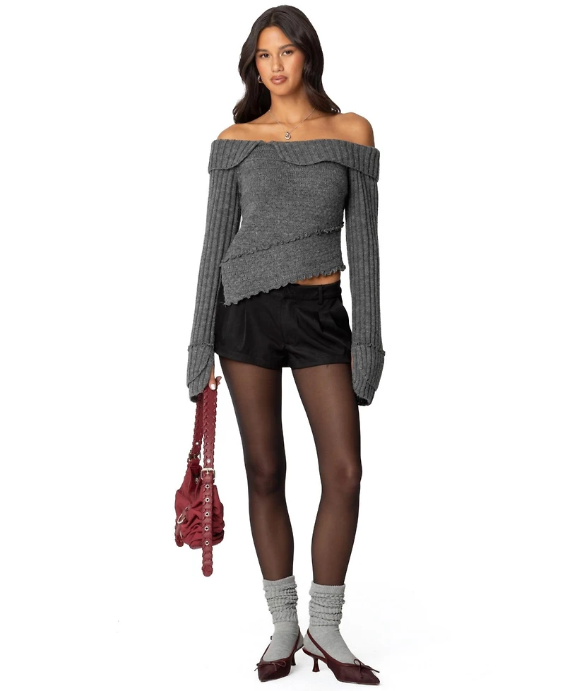 Edikted Womens Mikkie Asymmetric Fold Over Knit Top