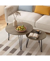 27.56'' Round Nesting Coffee Table Set of 2, Circular Nesting End Table Set, Round Wooden Tabletop, and Sturdy Metal Base, Brown