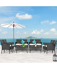 8PCS Patio Rattan Furniture Set Cushioned Sofa Coffee Table Backyard Porch Red