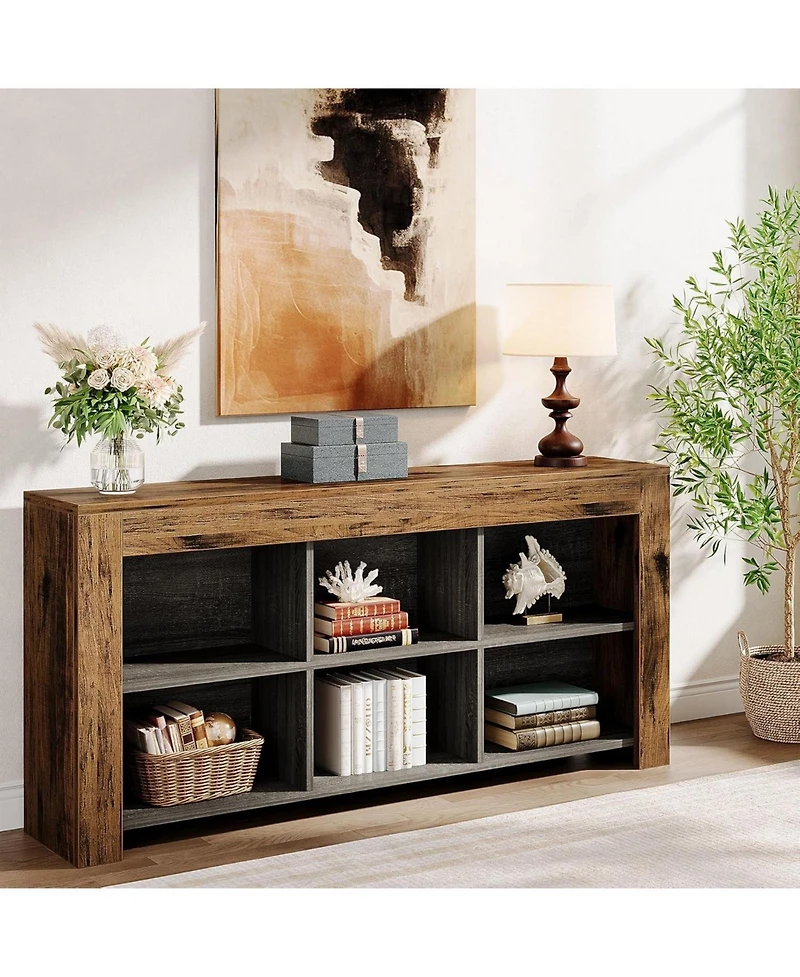 Tribesigns Horizontal Bookcase, Industrial 6 Cubes Storage Organizer Long Bookshelf, Rustic Wood Low Bookshelf Wide Cubby Bookcase for Home Office, Li