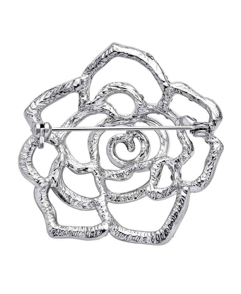 Bling Jewelry Sparkling Rose Flower Brooch Pin with Crystals Silver Tone Rhodium Plated