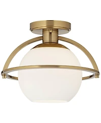 Oblys 12" Modern Semi Flush-Mount Mini Ceiling Light Fixture Kitchen Foyer Hallway Round Globe Warm Brass Finish White Glass Metal Bedroom Bathro