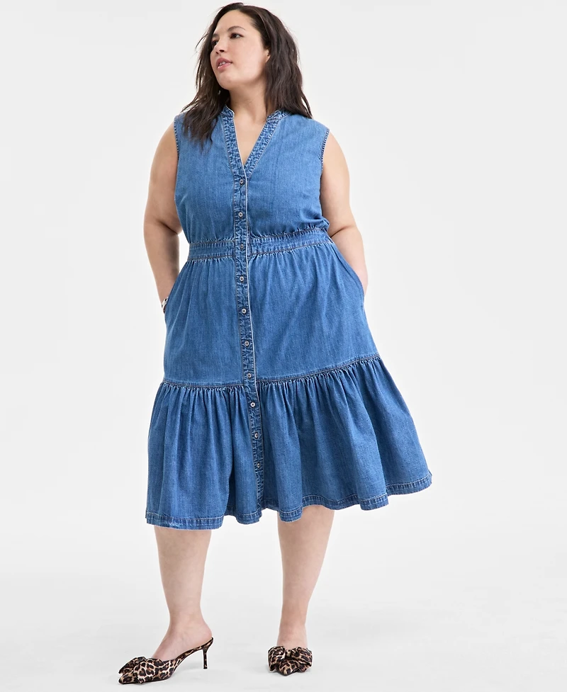On 34th Trendy Plus Size Denim Tiered Midi Dress, Created for Macy's