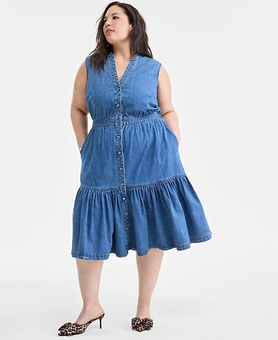 On 34th Trendy Plus Denim Tiered Midi Dress, Created for Macy's