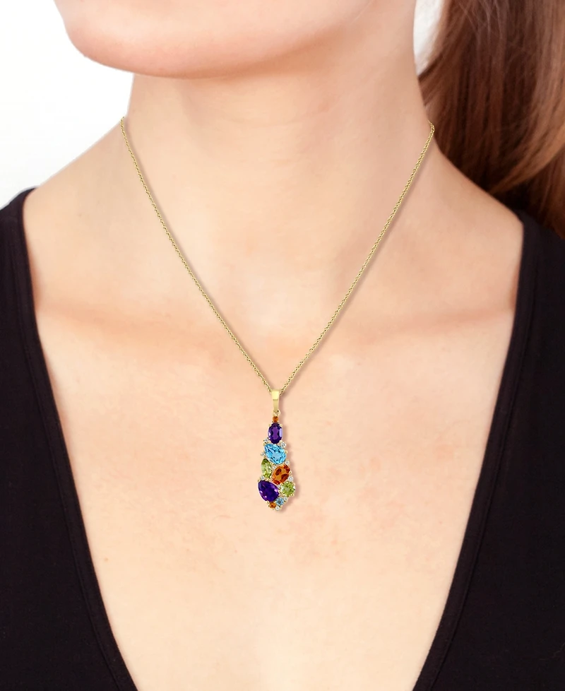 Effy Multi-Gemstone (2-3/4 ct. t.w.) & Diamond (1/20 ct. t.w.) Elongated Cluster 18" Pendant Necklace in 14k Gold