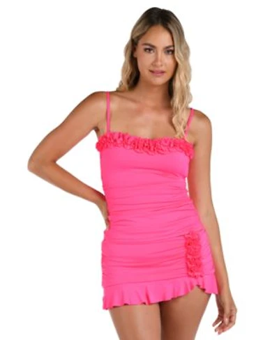 La Blanca Womens Island Goddess Ruffled Bandeau Tankini Top Ruffled Skirt Swim Bottoms