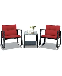 Gymax 3PCS Rattan Rocking Chair Table Set Patio Furniture Set with Cushions
