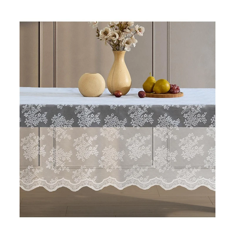 Hlc.me Jolene Floral Lace Fabric Tablecloth, Lace Fabric Table Cloth Round Tables, Wrinkle Resistant Tablecloth, Patterned Scalloped Tablecloth