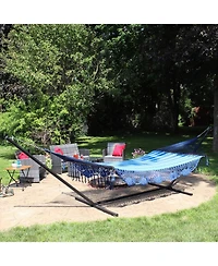 Deluxe American-Style 2-Person Hammock with Spreader Bars and Stand - 400 lb Weight Capacity/15' Stand - Blue