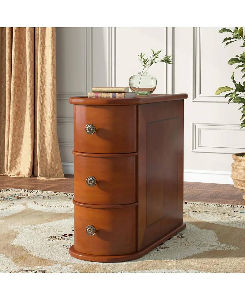 Tribesigns Wood End Table Set of 2, 3-Drawer Narrow Side Table Slim Chair Solid Side Table, No Assembly Required, Finished Back, Walnut