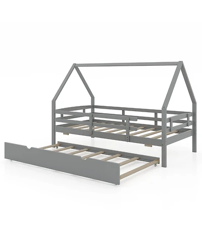 Wooden House Frame Bed with Trundle and Guard Rails for Toddlers or Kids
