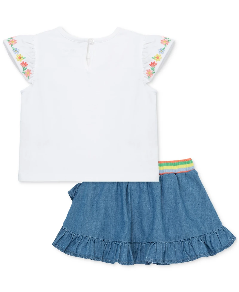 Little Me Baby Girls Embroidered Top & Chambray Skort Set