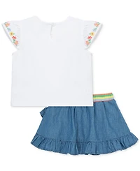 Little Me Baby Girls Embroidered Top & Chambray Skort Set