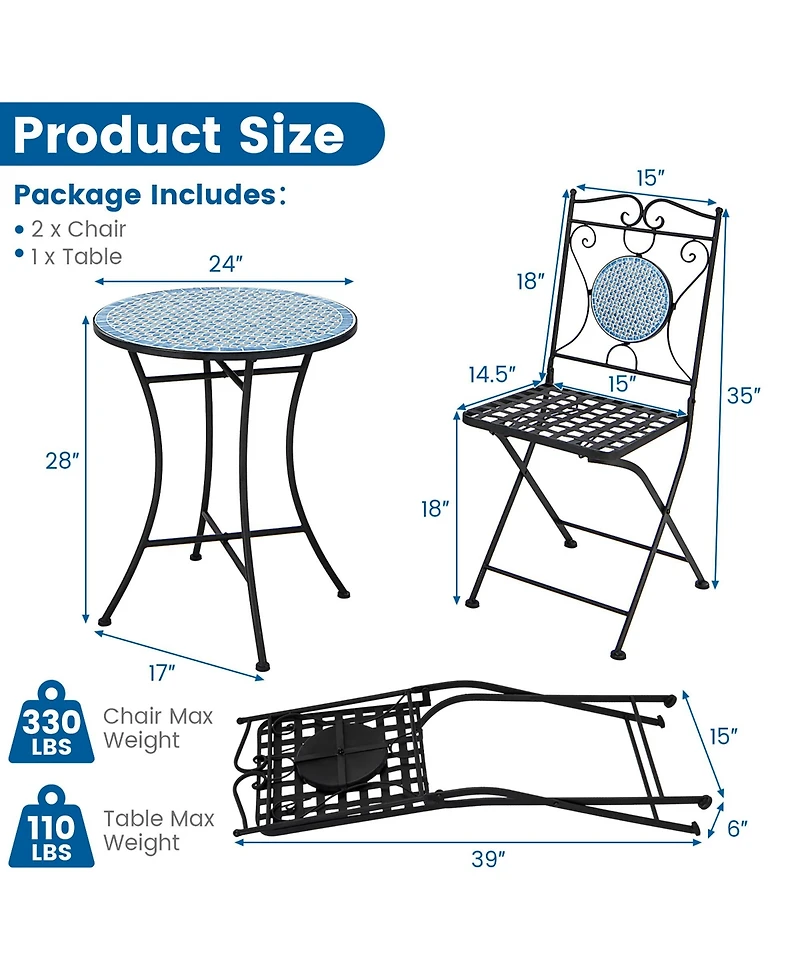 Gymax 3 Pcs Patio Bistro Set Outdoor Patio Furniture Set w/ 1 Mosaic Round Table & 2 Folding Chairs