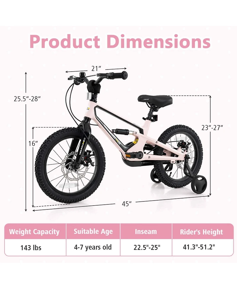 16 Inch Children Bicycle with Training Wheels & Double Disc Brakes Adjustable Seat Magnesium Alloy
