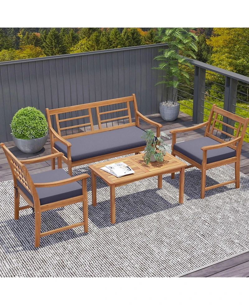 4 Piece Wood Patio Furniture with Armchairs Loveseat and Coffee Table