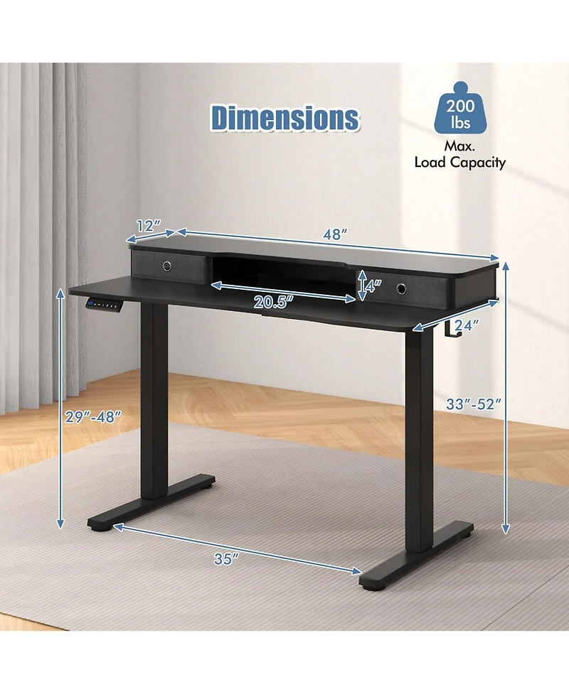 48"x 24" Electric Standing Desk with 2 Drawers Monitor Stand Storage Shelf