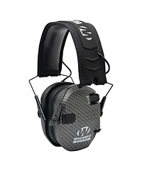 Walkers Razor Slim Electronic Muff (Carbon) Bundle with Walkie-Talkie Attachments Gel Filled Earpad Shooting Glasses and Microfiber Cleaning Cloths (1