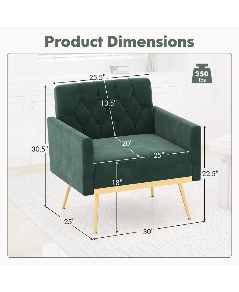Modern Velvet Accent Chair with Button Tufted Back Metal Legs and Adjustable Foot Pads