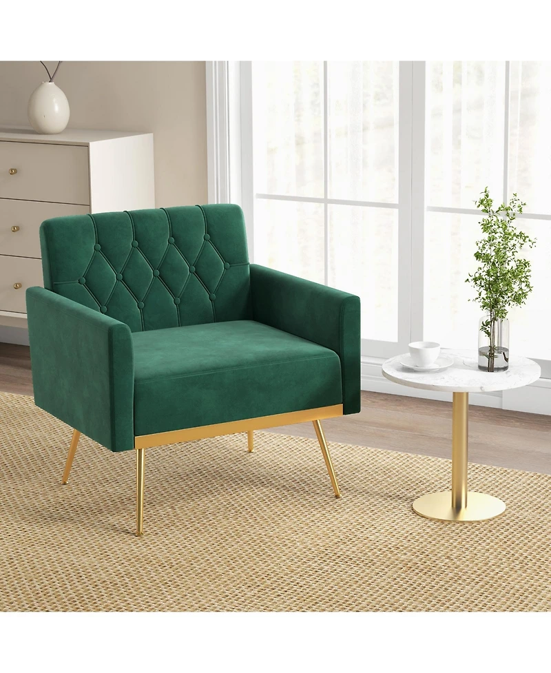Modern Velvet Accent Chair with Button Tufted Back Metal Legs and Adjustable Foot Pads