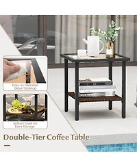 3 Pcs Patio Rocker Set with 2-Tier Coffee Table & Soft Seat Back Cushions Outdoor