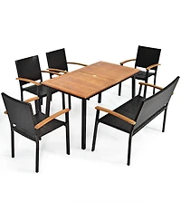 Gymax 6PCS Rattan Outdoor Dining Set Patio Furniture Set w/ Wooden Tabletop