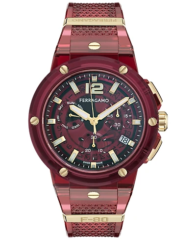 Ferragamo Men's Swiss Chronograph F-80 Translucent Burgundy Polyurethane Strap Watch 44mm