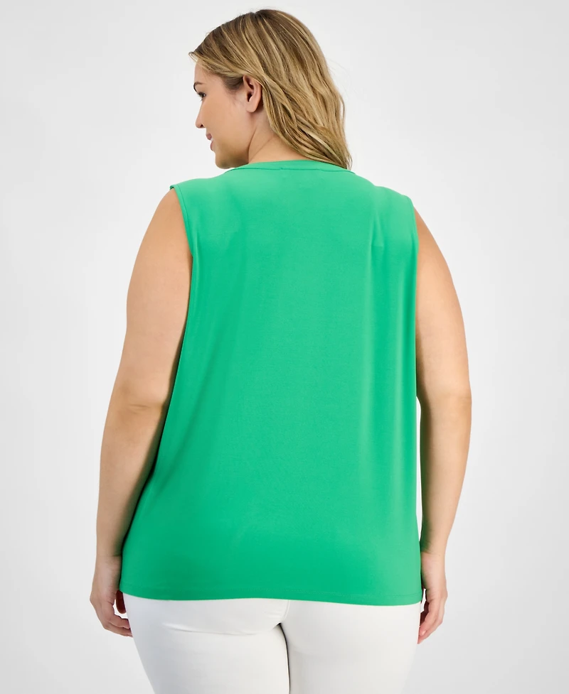 Kasper Plus Size Sleeveless Pleat-Neck Keyhole Top