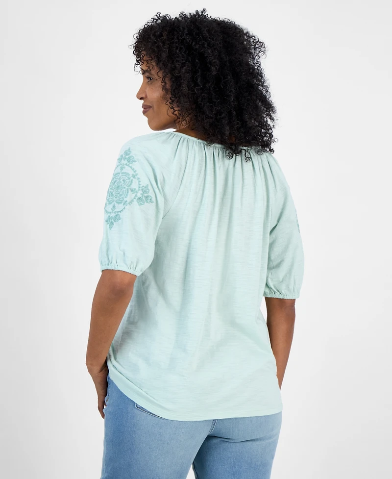 Style & Co Women's Embroidered Split-Neck Tasseled-Tie Top, Exclusively at Macy's