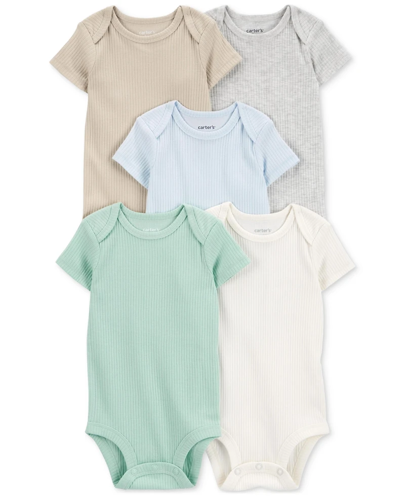 Carter's Baby Short-Sleeve Ribbed Cotton Bodysuits, Pack of 5