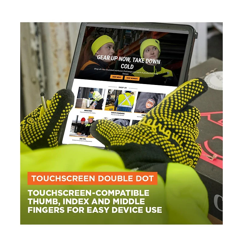 RefrigiWear Men's Touchscreen Double Dot Grip Hi Vis Glove (Pack of 12 Pairs)