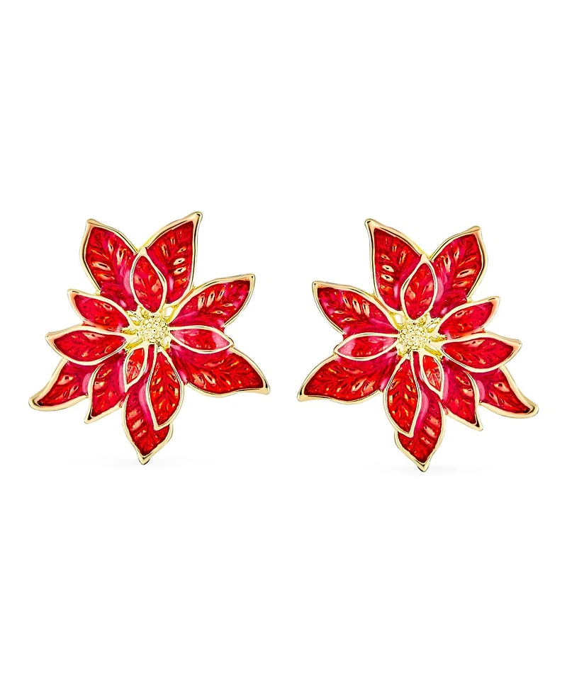 Bling Jewelry Large Statement Poinsettia Brooch Clip-On Earrings Set White Red Enamel