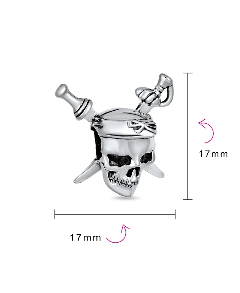 Bling Jewelry Halloween Pirate Skull & Cross Swords Charm Bead Sterling Silver European Bracelet