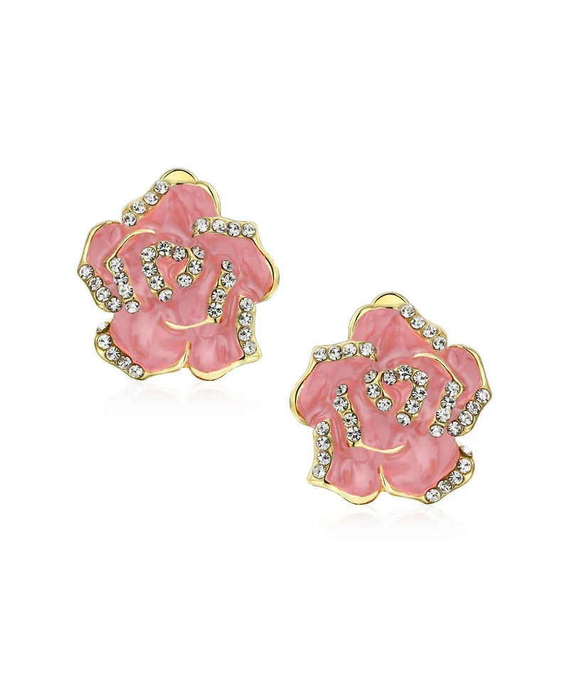 Bling Jewelry Pink Red Enamel Flower Crystal Edge Clip-On Earrings Gold Plated For Non-Pierced