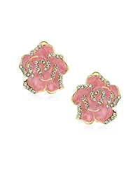 Bling Jewelry Pink Red Enamel Flower Crystal Edge Clip-On Earrings Gold Plated For Non-Pierced