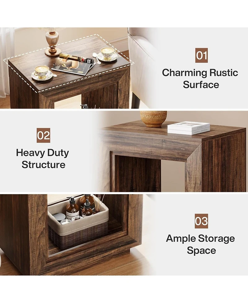 Tribesigns Rustic Wood End Table, 2 Tiered Square Side Table with Storage Shelf (2, Wood)